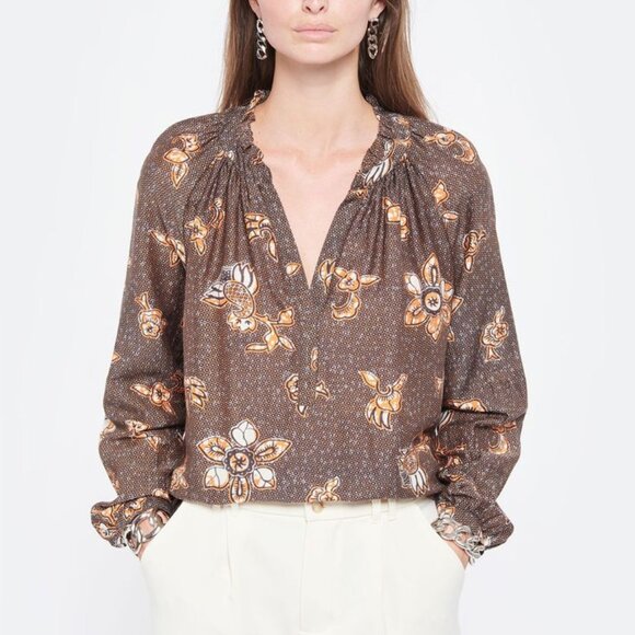 XiRENA 'Blair' Batik Floral Marigold Print Blouse Shirt Top Cotton Silk Medium - Picture 1 of 14